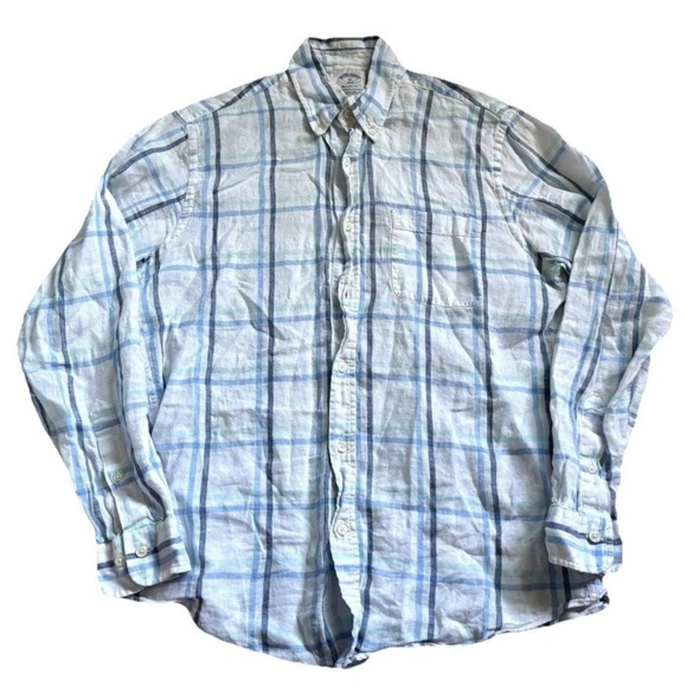 Brooks Brothers 100% Linen Oxford Shirt Mens Medium Button Down White Plaid Blue